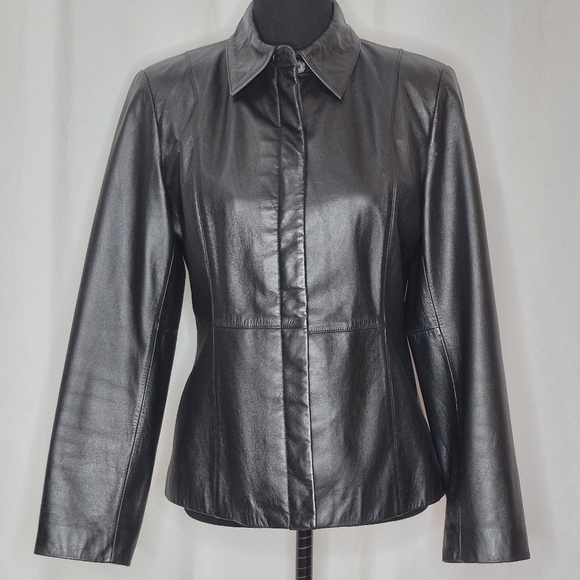 Apostrophe Womens Hidden Button-Front Black Leather Blazer Shirt Jacket - Size 8 - Picture 3 of 15